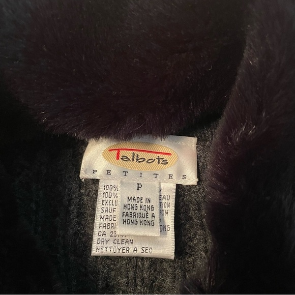 Talbots lambswool Sweater Jacket Gray Faux Fur Collar XS Petite Shacket vintage - Picture 5 of 10